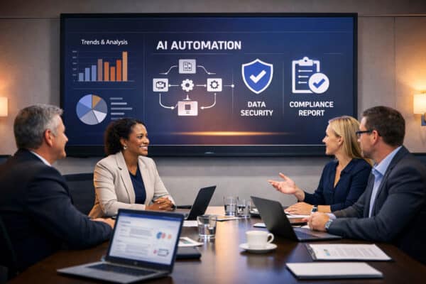 Business professionals discussing AI automation, data security, and compliance strategies during a corporate meeting to improve operational efficiency and business growth.