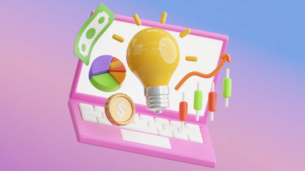 3D illustration of a laptop displaying a light bulb, financial charts, dollar symbols, and growth analytics representing innovative small business ideas
