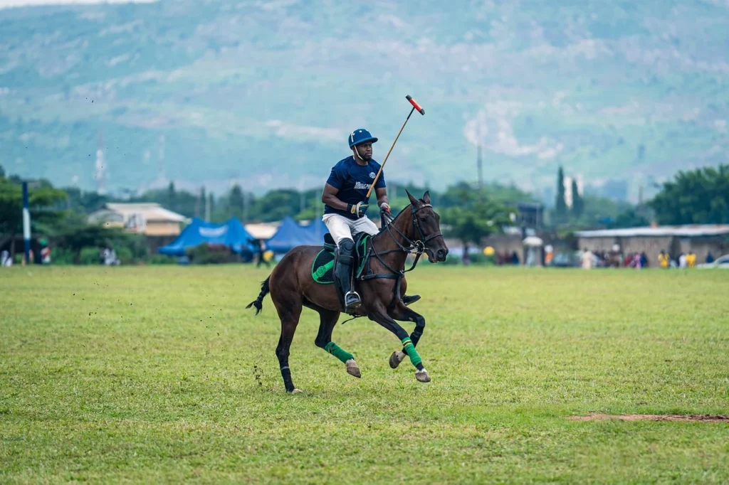 Polo player riding a horse across a grassy field during a competitive outdoor polo match.