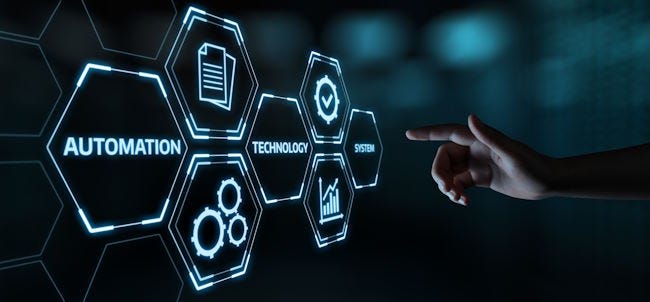 Enterprise automation dashboard illustrating AI-driven workflow automation, business analytics, process optimization, and digital transformation technology.