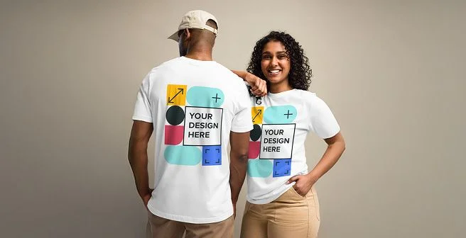 Two models showcase front and back views of white custom T-shirts featuring colorful graphic design mockups against a neutral background.