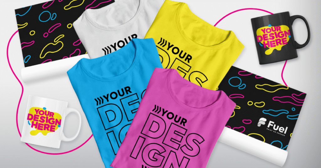 Print-on-demand business products featuring custom T-shirts, mugs, posters, and branded merchandise for an online ecommerce store.