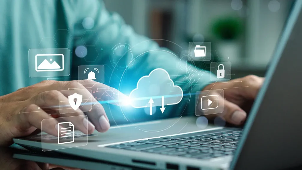 Cloud storage and file synchronization technology displayed on a laptop, illustrating secure digital data management and cloud computing services.