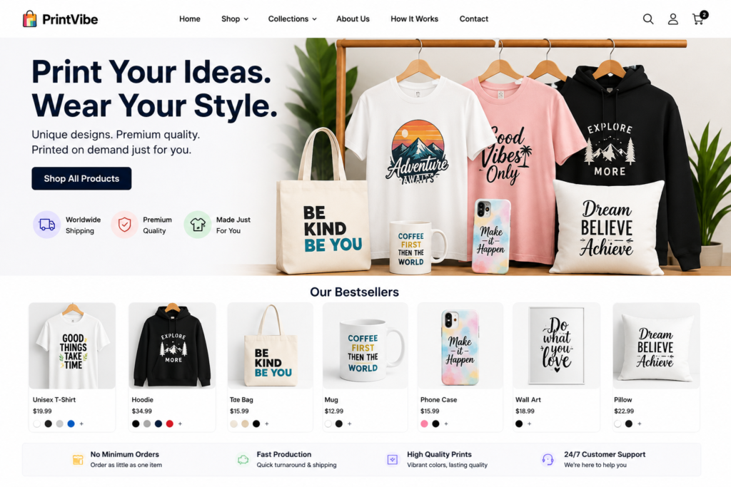 Modern print-on-demand online store showcasing custom T-shirts, hoodies, mugs, tote bags, phone cases, posters, and personalized merchandise for an e-commerce business.