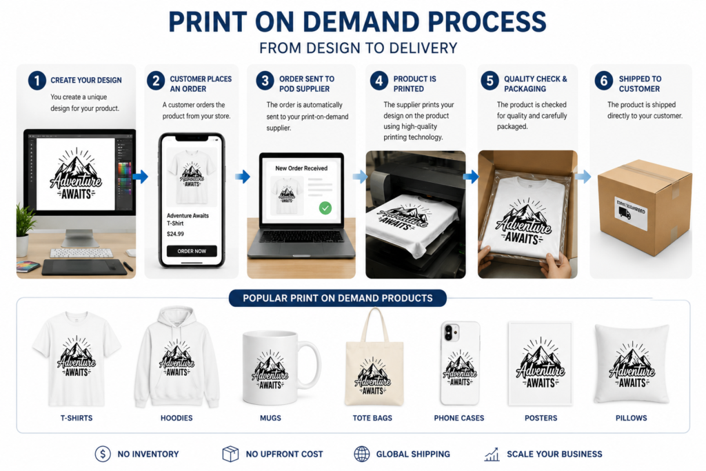 **SEO-Friendly Alt Text (One Line):** **Print-on-demand printing process infographic showing design creation, customer order, product printing, quality check, packaging, shipping, and custom merchandise production.** 