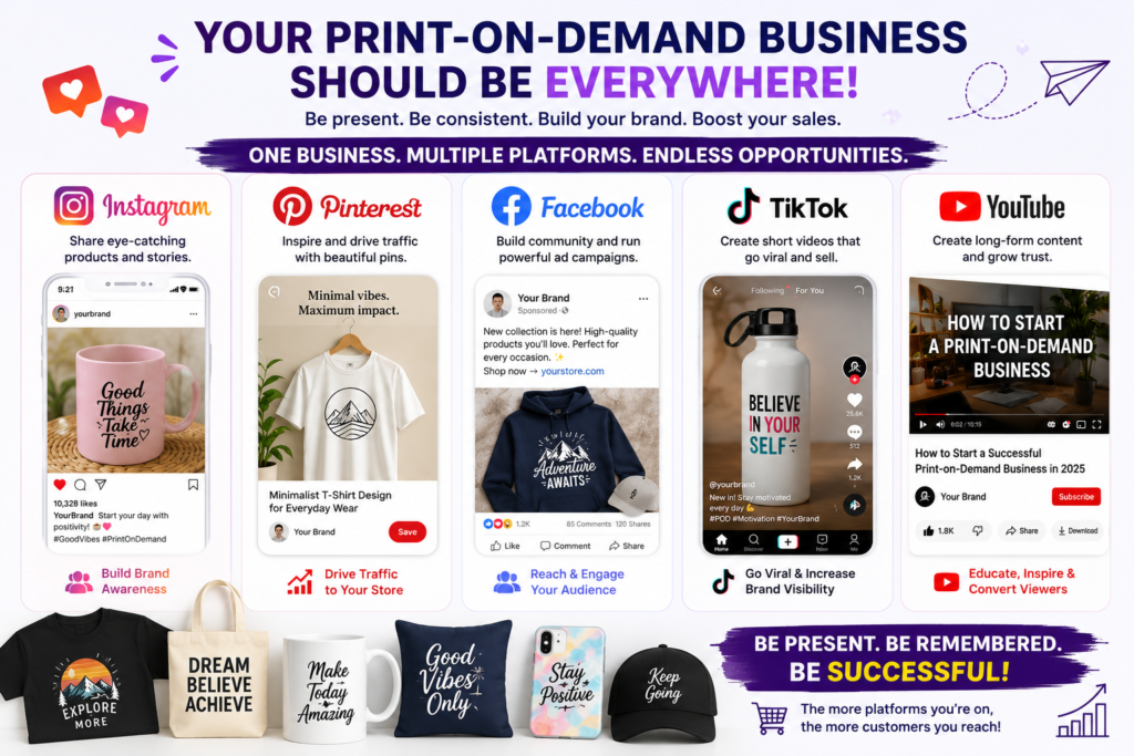 Print-on-demand business marketing infographic featuring Instagram, Pinterest, Facebook, TikTok, and YouTube for promoting custom products and growing an online store.
