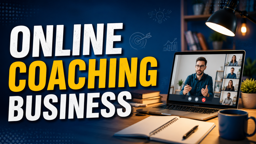 Professional online coaching business thumbnail featuring a confident coach with a modern virtual meeting workspace and the heading "Online Coaching Business".