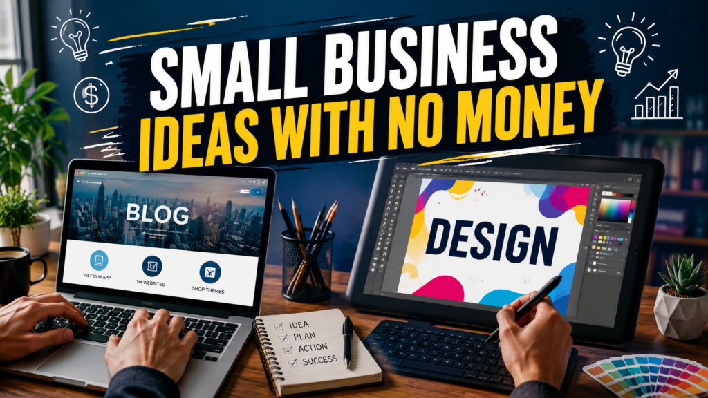 Creative thumbnail featuring blogging and graphic design concepts with the heading "Small Business Ideas with No Money" on a modern digital workspace background.