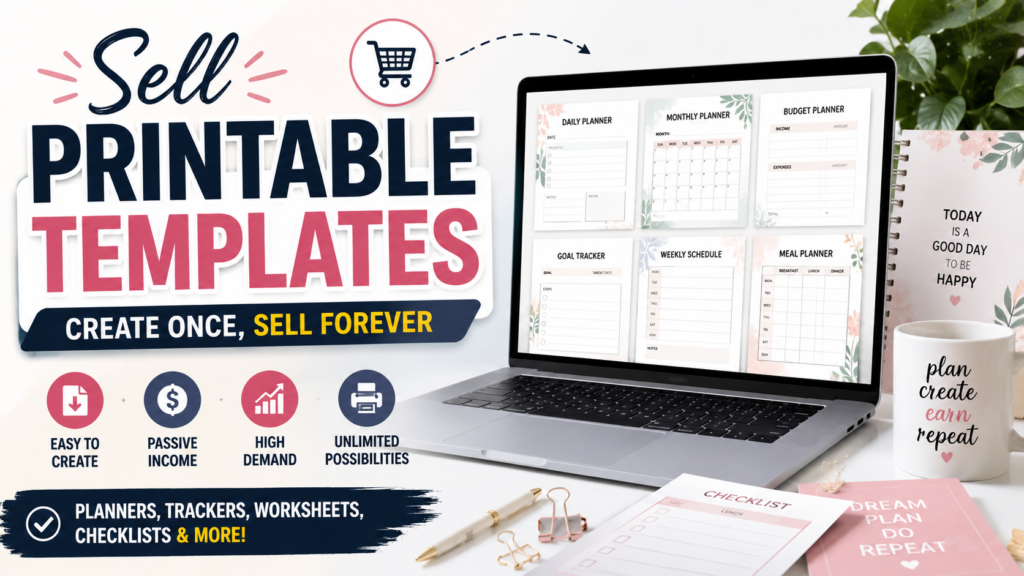 Professional YouTube thumbnail showcasing printable planner templates on a laptop with the title "Sell Printable Templates – Create Once, Sell Forever" in a modern workspace.