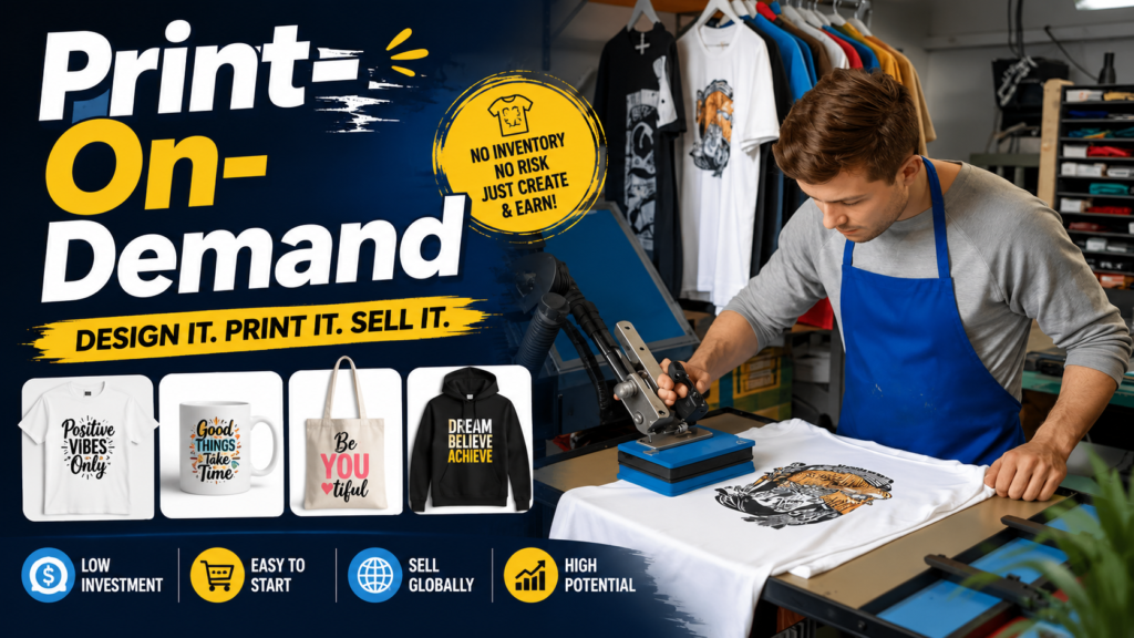 Professional Print-On-Demand thumbnail showing a designer using a heat press to print a custom T-shirt with the bold title “Print-On-Demand”