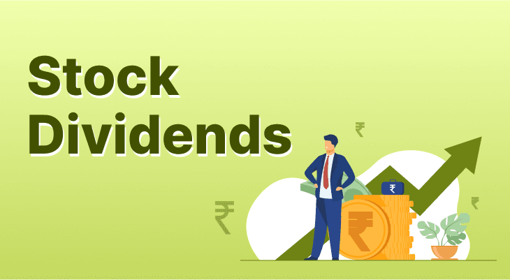 Illustration of stock dividends with a business professional, stacked coins, and an upward growth arrow symbolizing passive income and investment returns.