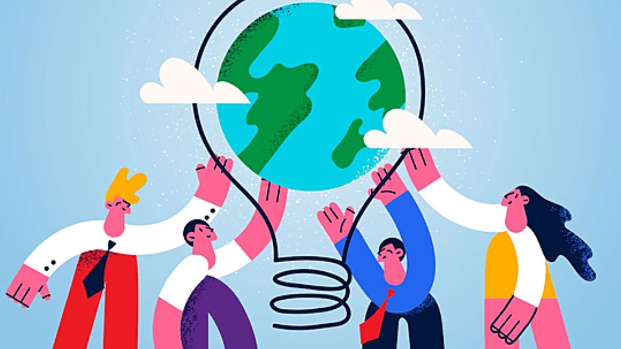 "Illustration of four business people holding up a lightbulb-shaped globe, symbolizing global business ideas and teamwork"