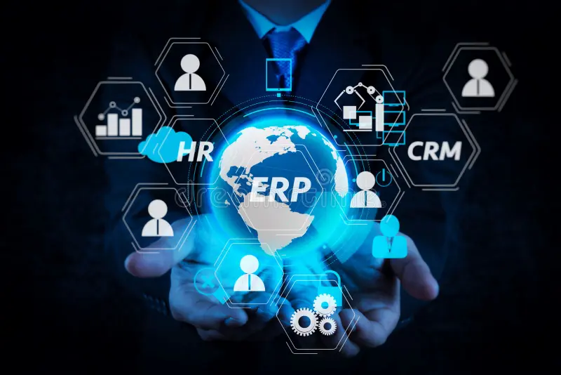 Enterprise Resource Planning (ERP) system visualization showing HR, CRM, analytics, and business process integration on a digital global network interface.