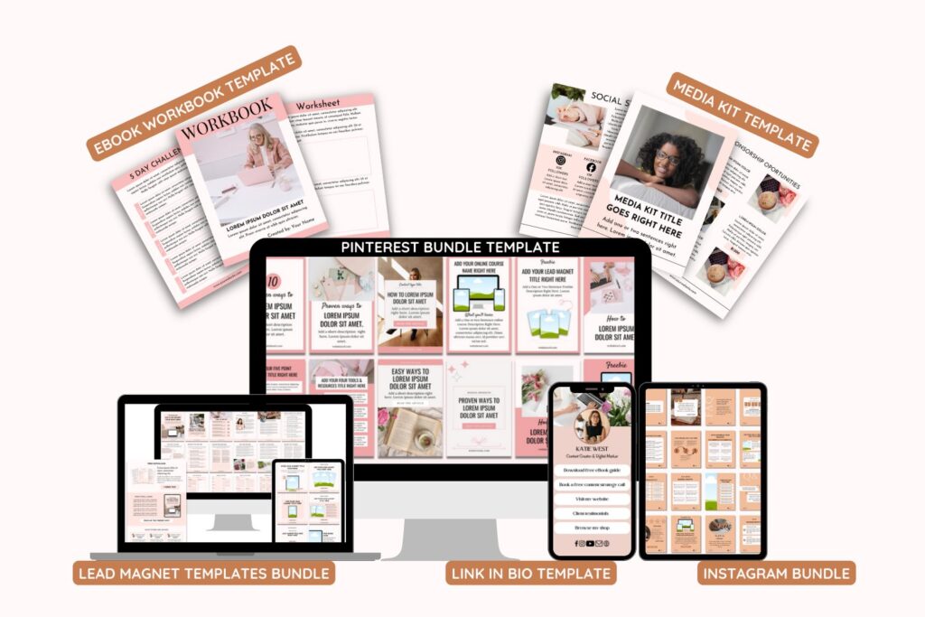 Canva Templates Bundle, Digital product template bundles including eBook workbooks, Pinterest templates, Instagram templates, media kits, lead magnets, and link-in-bio designs for online businesses.