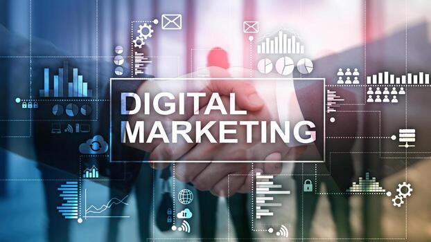 Digital marketing concept featuring business professionals shaking hands with SEO analytics, social media, online advertising, and data dashboards representing digital marketing agency growth and business success.