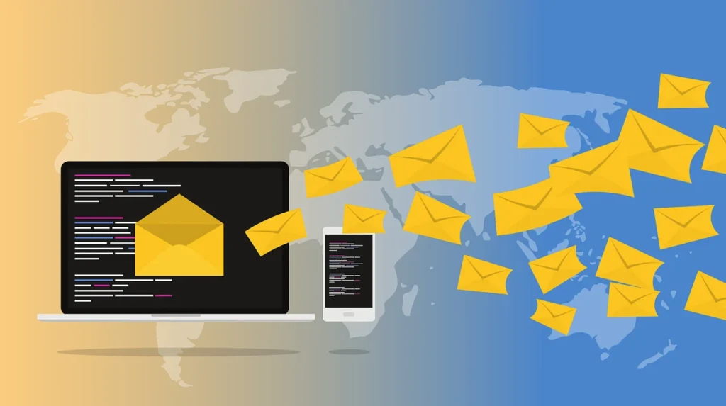 Illustration of an email newsletter business showing emails sent from a laptop and smartphone across a global network for affiliate marketing and communication.