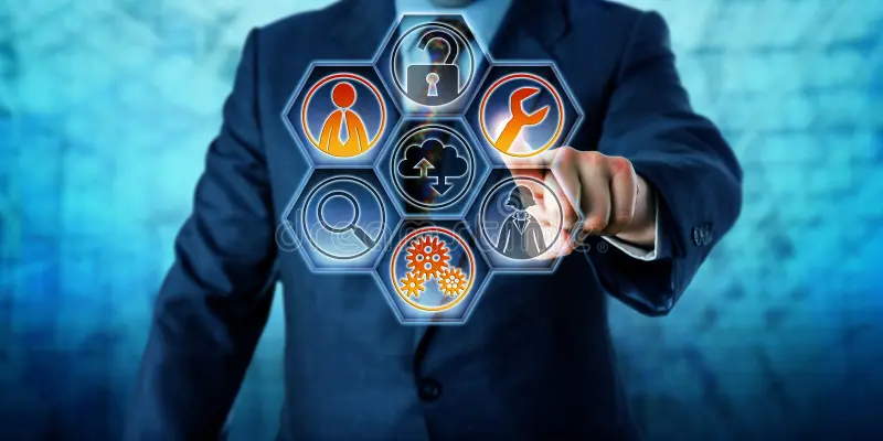 Business professional interacting with a digital enterprise resource planning (ERP) interface featuring cloud, security, analytics, and workflow management icons.