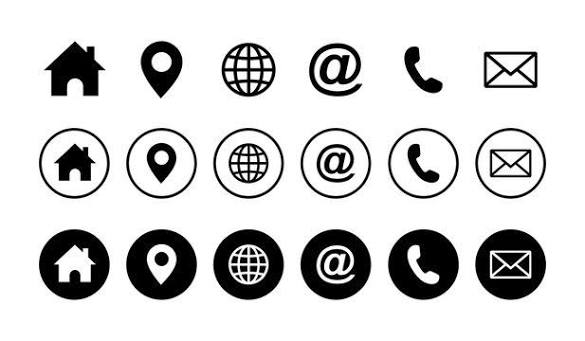 Collection of website contact icons including home, location, website, email, phone, and contact symbols for business websites and digital services.