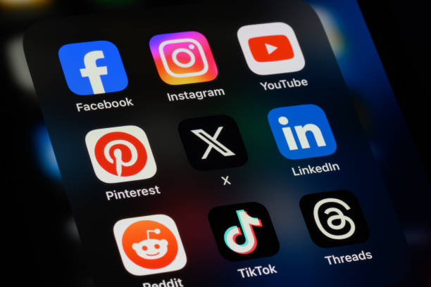 Social media apps including Facebook, Instagram, YouTube, Pinterest, LinkedIn, TikTok, X, Reddit, and Threads for promoting a digital product business online.