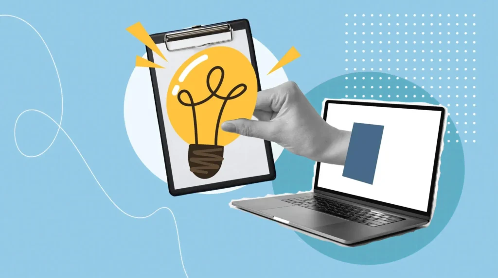 Illustration of online business ideas featuring a laptop, clipboard, and glowing light bulb representing digital entrepreneurship, creativity, and startup innovation.