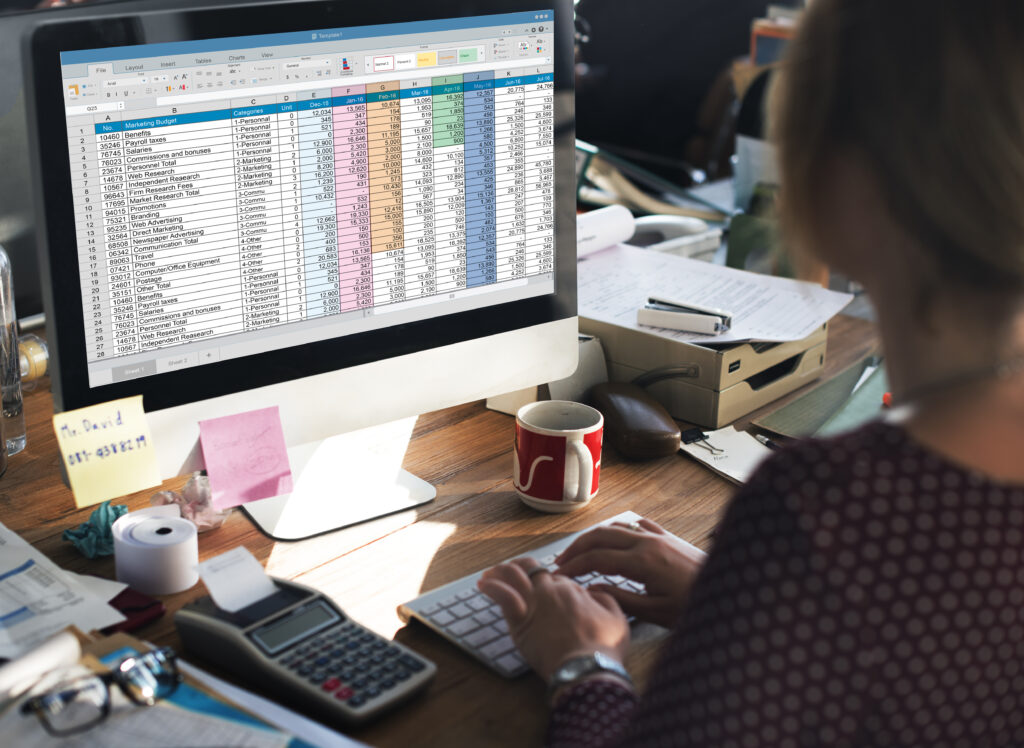 Professional providing online bookkeeping services by managing financial records and business spreadsheets on a desktop computer.