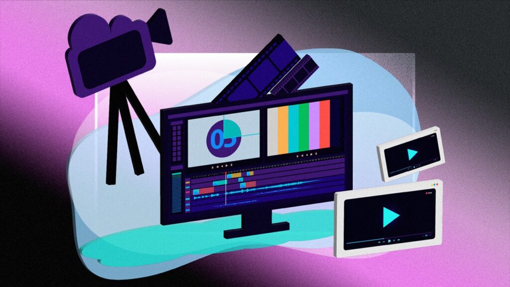 Illustration of a professional online video editing workspace with a camera, editing software, film reels, and video playback screens.