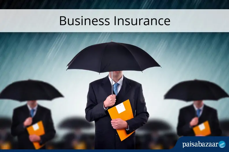 Business insurance concept featuring professionals protected by umbrellas under the “Business Insurance” heading. 