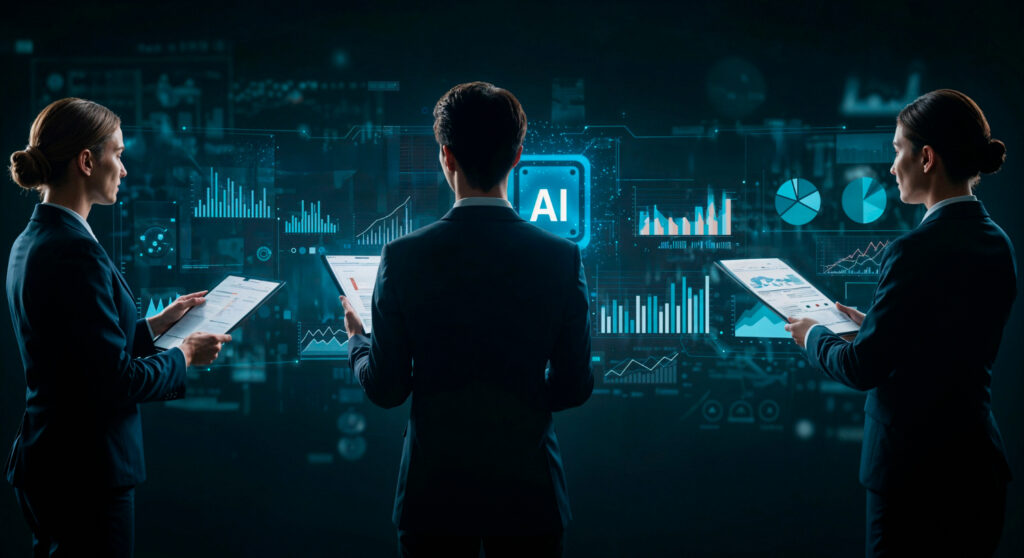 Business professionals analyzing AI-powered data dashboards and digital analytics to improve business intelligence and decision-making.