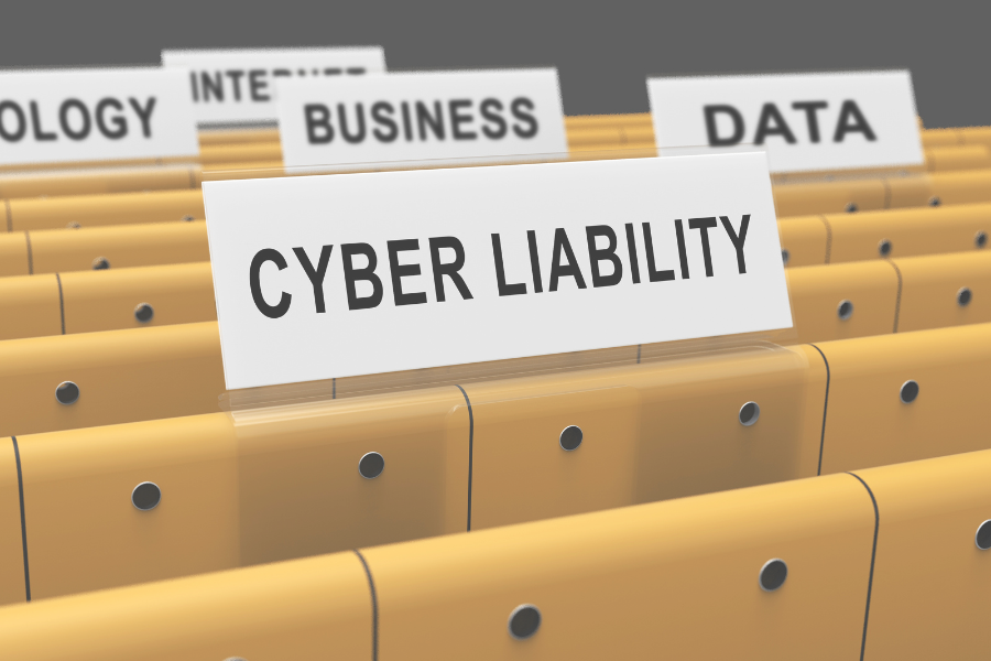 Cyber liability insurance concept showing a “Cyber Liability” label among business, data, and technology files. 