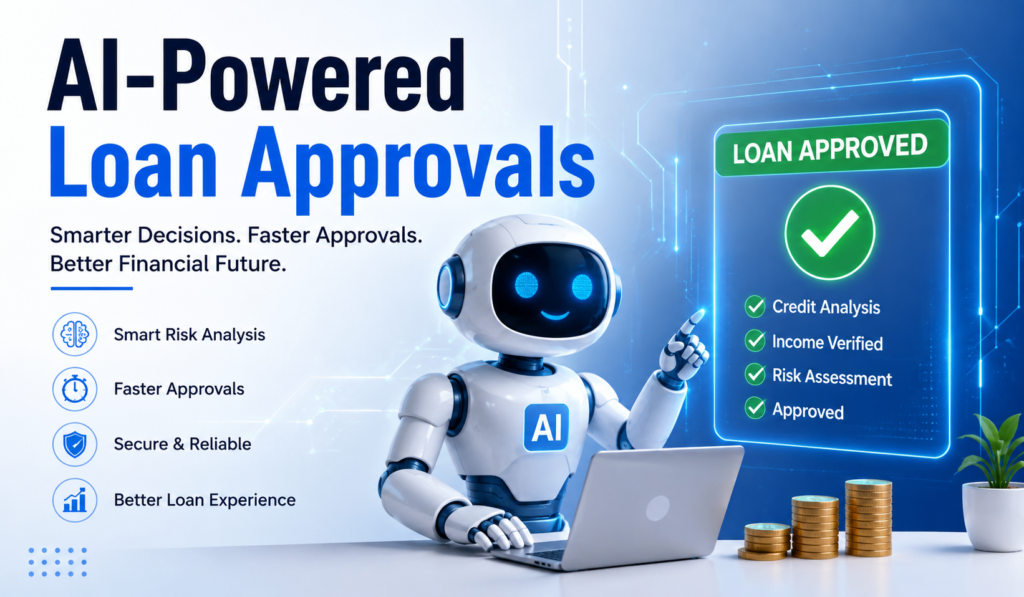 AI-Powered Loan Approvals illustration showing an automated digital lending system using artificial intelligence to speed up startup business loan approvals.