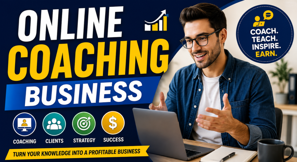 Professional online coaching business with a coach conducting a virtual session on a laptop for students in a modern home office.