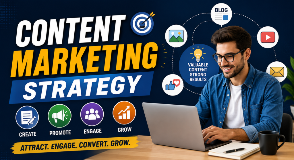 Content marketing strategy illustration showing SEO, content creation, social media, email marketing, and digital growth tools for online business success.