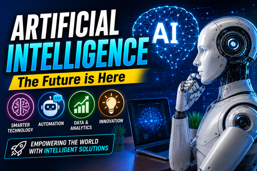 Artificial intelligence (AI) technology concept with a futuristic digital brain, AI-powered automation, machine learning, and smart business innovation.