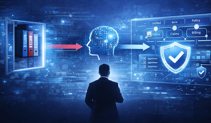 Digital transformation in the insurance industry showing AI technology, digital records, claims management, policy systems, and cybersecurity protection. 