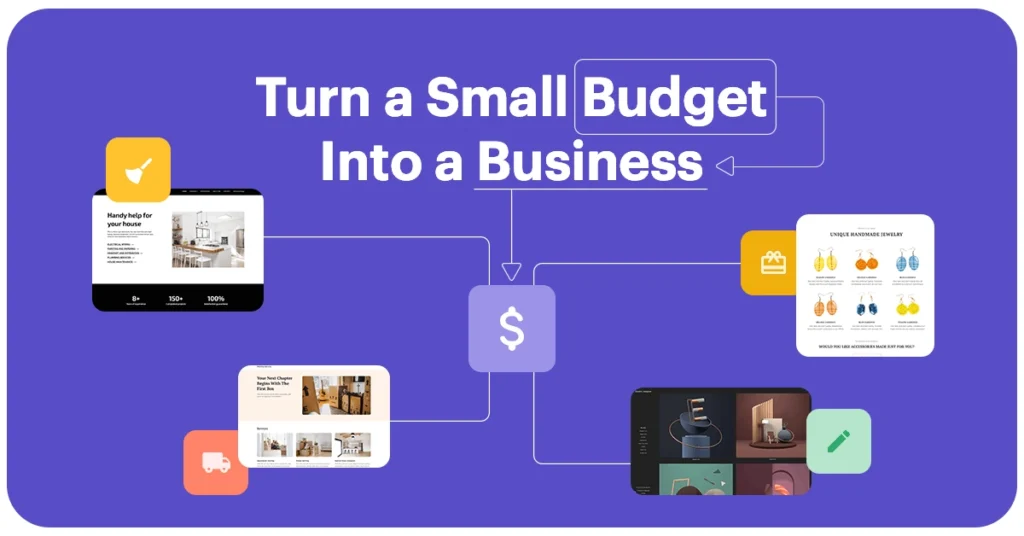 Illustration showing how to turn a small budget into a successful business with low-cost business ideas, digital services, and online entrepreneurship opportunities.