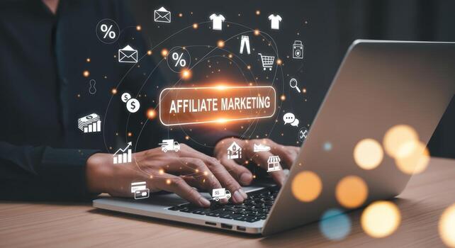 Affiliate marketing strategy visualization showing a person working on a laptop with digital marketing icons, affiliate links, and online earning concepts.