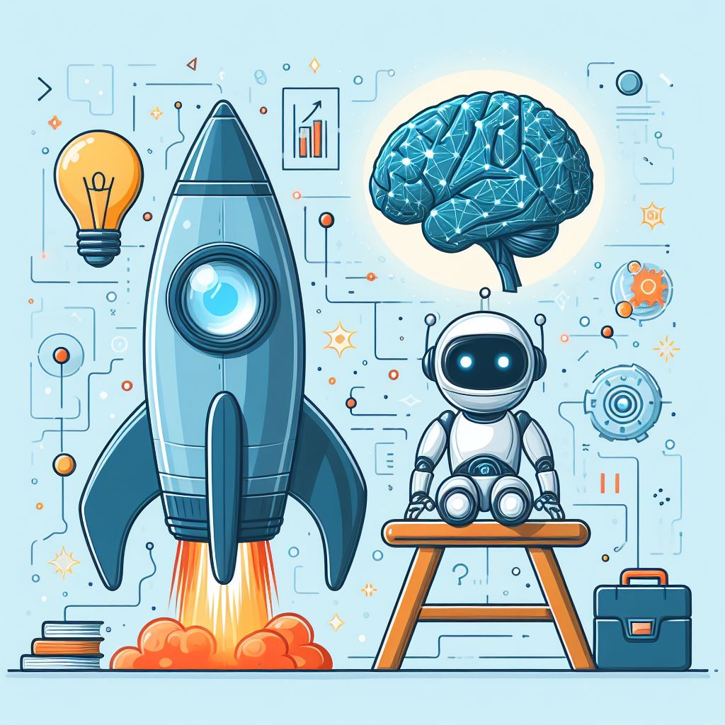 Illustration of AI business ideas featuring a rocket launch, robot assistant, digital brain, and innovation icons representing AI-powered startups and entrepreneurship in 2026.