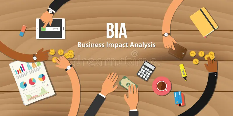Business Impact Analysis (BIA) illustration showing a team analyzing financial data, charts, business documents, and resources for business planning. 