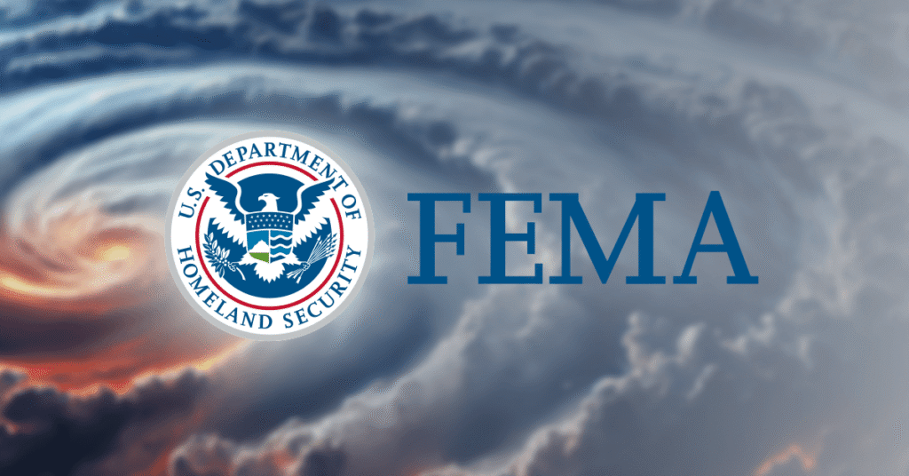 FEMA logo over a stormy disaster background, representing emergency preparedness and business continuity strategies for maintaining operations during crises. 