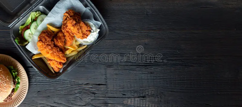 Online BBQ business featuring grilled food, crispy chicken, fries, and takeaway meals on a dark wooden background.