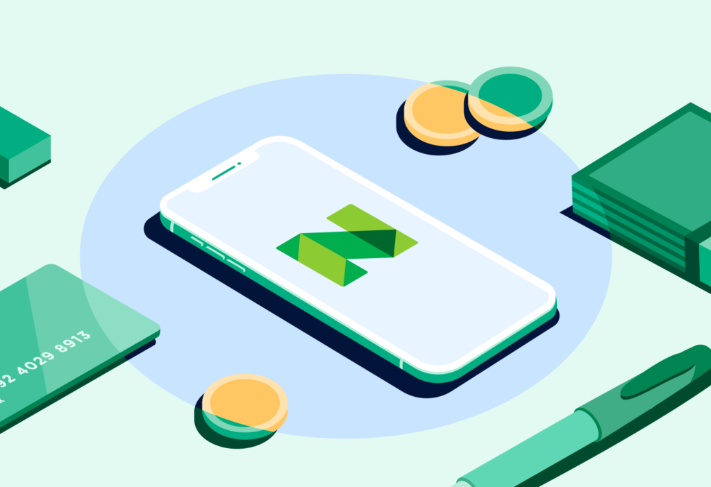 Illustration of a smartphone with a financial app, digital payment symbols, coins, cash, and a bank card representing mobile banking and digital finance. 