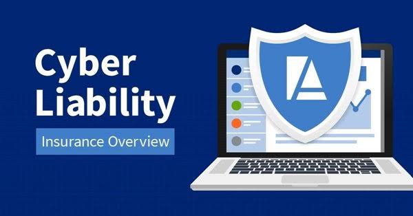 Cyber liability insurance overview showing a laptop protected by a shield, representing cybersecurity and business data protection. 