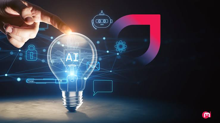 AI-powered business innovation concept with a glowing light bulb, digital technology icons, and artificial intelligence symbols representing smart business solutions in 2026.