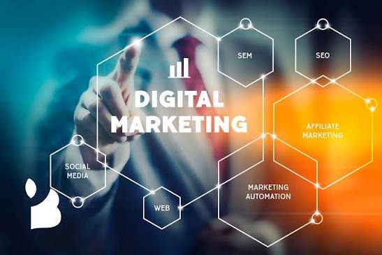 Digital marketing concept showing SEO, SEM, social media, affiliate marketing, web, and marketing automation services.