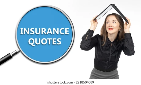 Insurance quotes graphic featuring a magnifying glass and a woman reviewing coverage options.