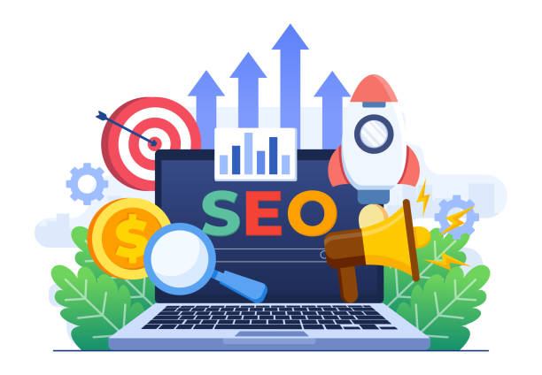 SEO concept showing a laptop with SEO text, growth arrows, analytics chart, target, magnifying glass, and rocket illustration. 