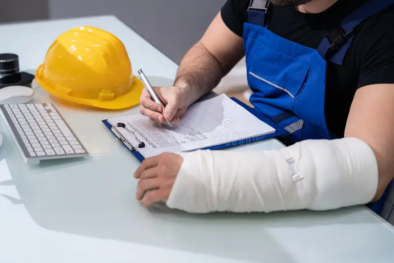 Worker in blue protective clothing documenting an injury with an arm cast, illustrating workers’ compensation and accident insurance. 
