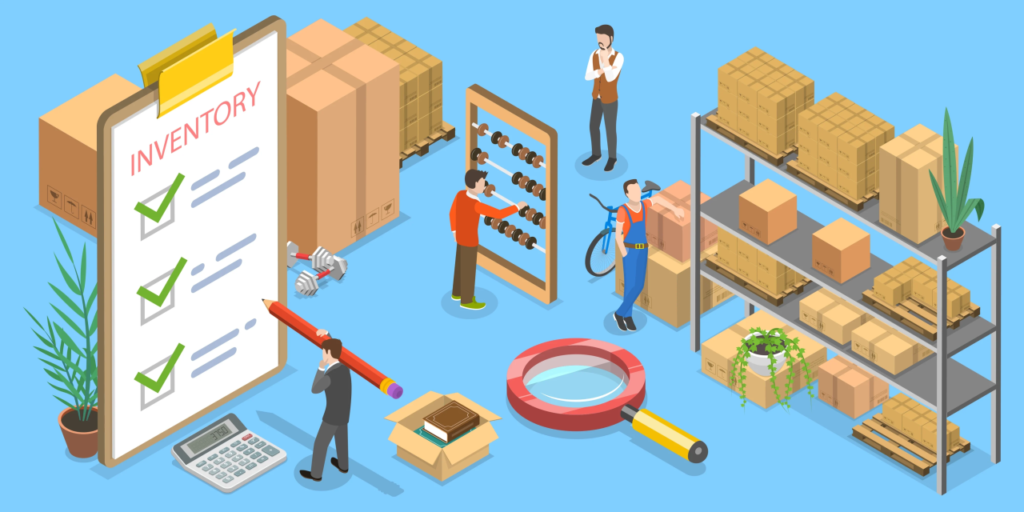 Inventory management illustration showing stock tracking, warehouse shelves, product boxes, inventory checklists, and workers organizing goods.