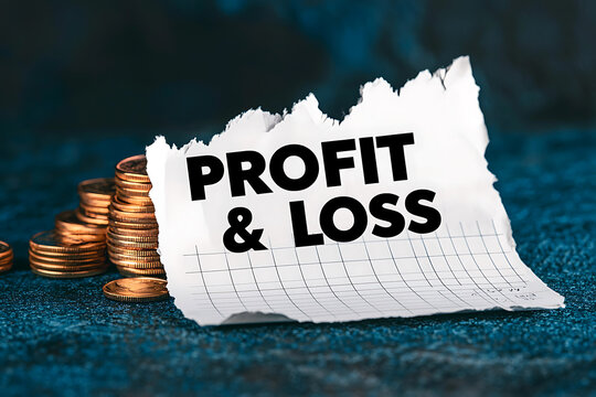 Profit and loss statement concept with stacked coins and a “Profit & Loss” document on a dark background. 