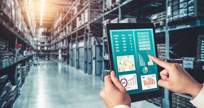 Inventory Management Software displayed on a tablet in a warehouse, showing stock tracking, inventory analytics, product locations, and performance charts.